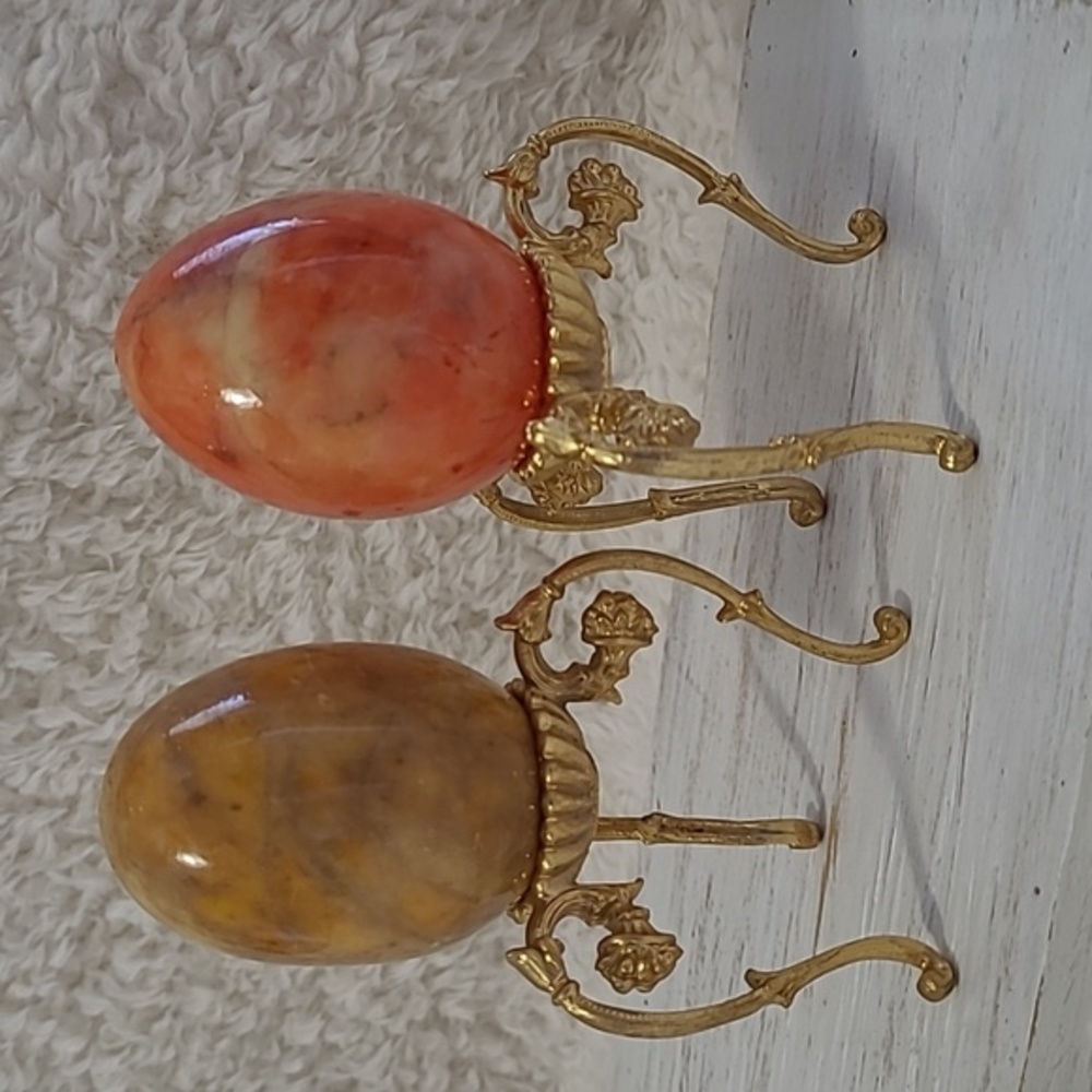Marble Eggs Alabaster 4pc Stone Hand Crafted Vintage with Victorian Style Stands - Picture 2 of 8